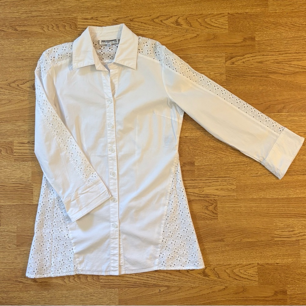 Mishca white button down shirt 3/4 sleeve blouse eyelet minimalist spring sz S